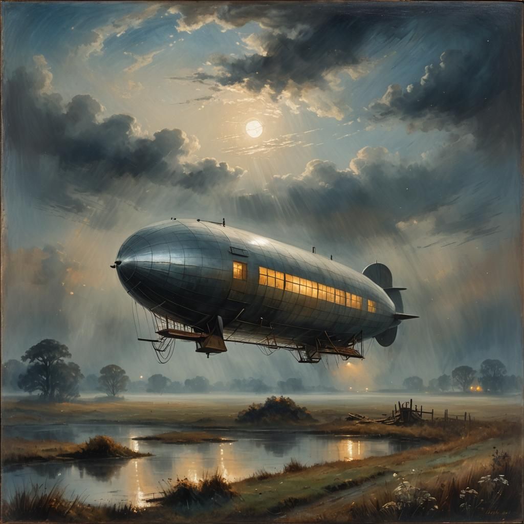 Vintage Zeppelin in Moonlit Field: Oil Painting