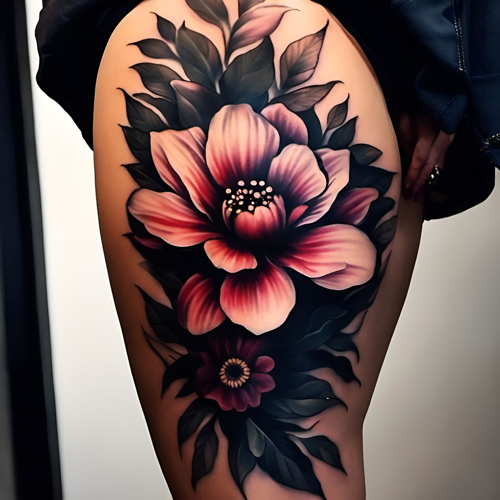 Dramatic Flower Thigh Tattoo Art