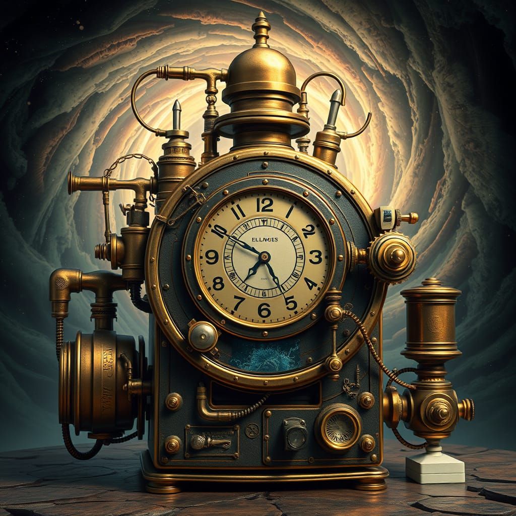 Steampunk Time Machine with Swirling Vortex Background