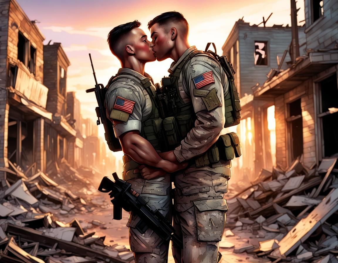 Gay soldiers kissing in the afternoon