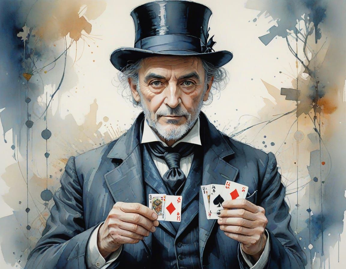 Magician with Intricate Playing Card, Meticulous Colour Penc...