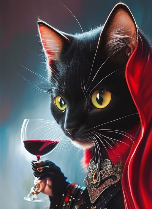 Vampire Kitten Sipping Wine, Detailed Digital Art
