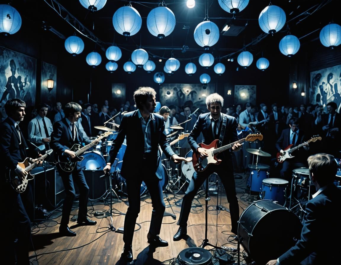 The Who on Stage in Packed Club with Blue Lanterns