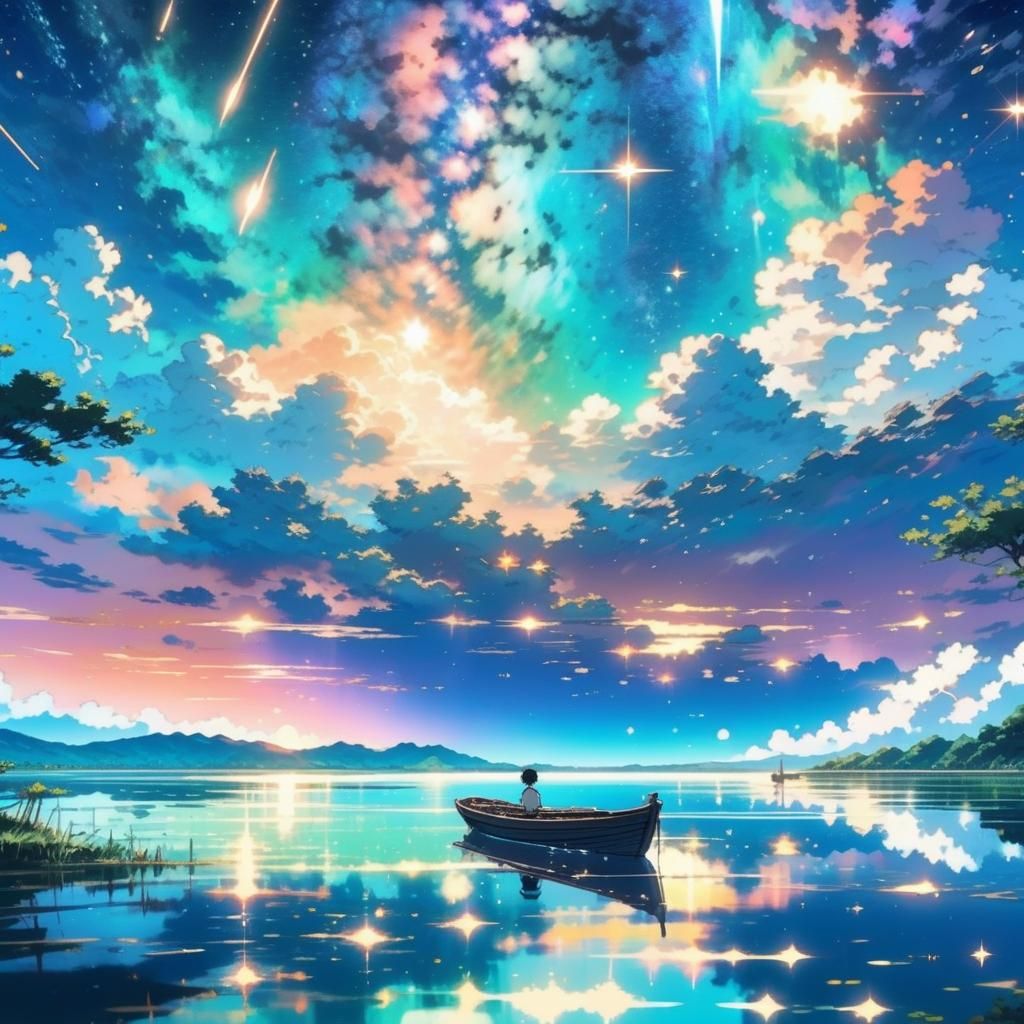 Boy Gazing at Milky Way in Anime Style