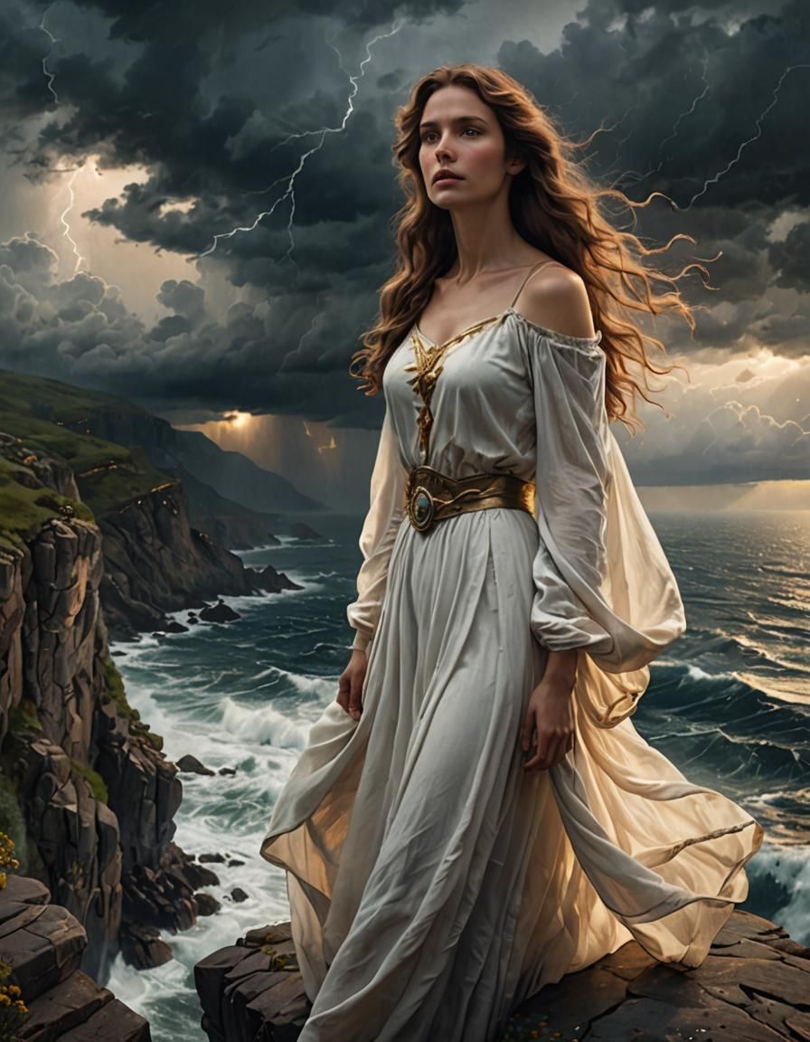 Woman on Rocky Cliff in Pre-Raphaelite Style