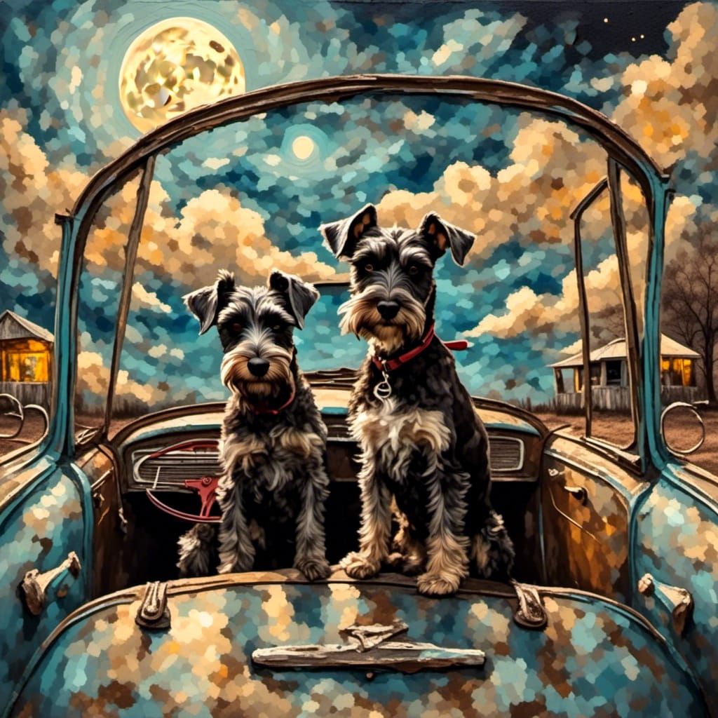 Schnauzers at Drive-In: Surreal Bluegrass Painting