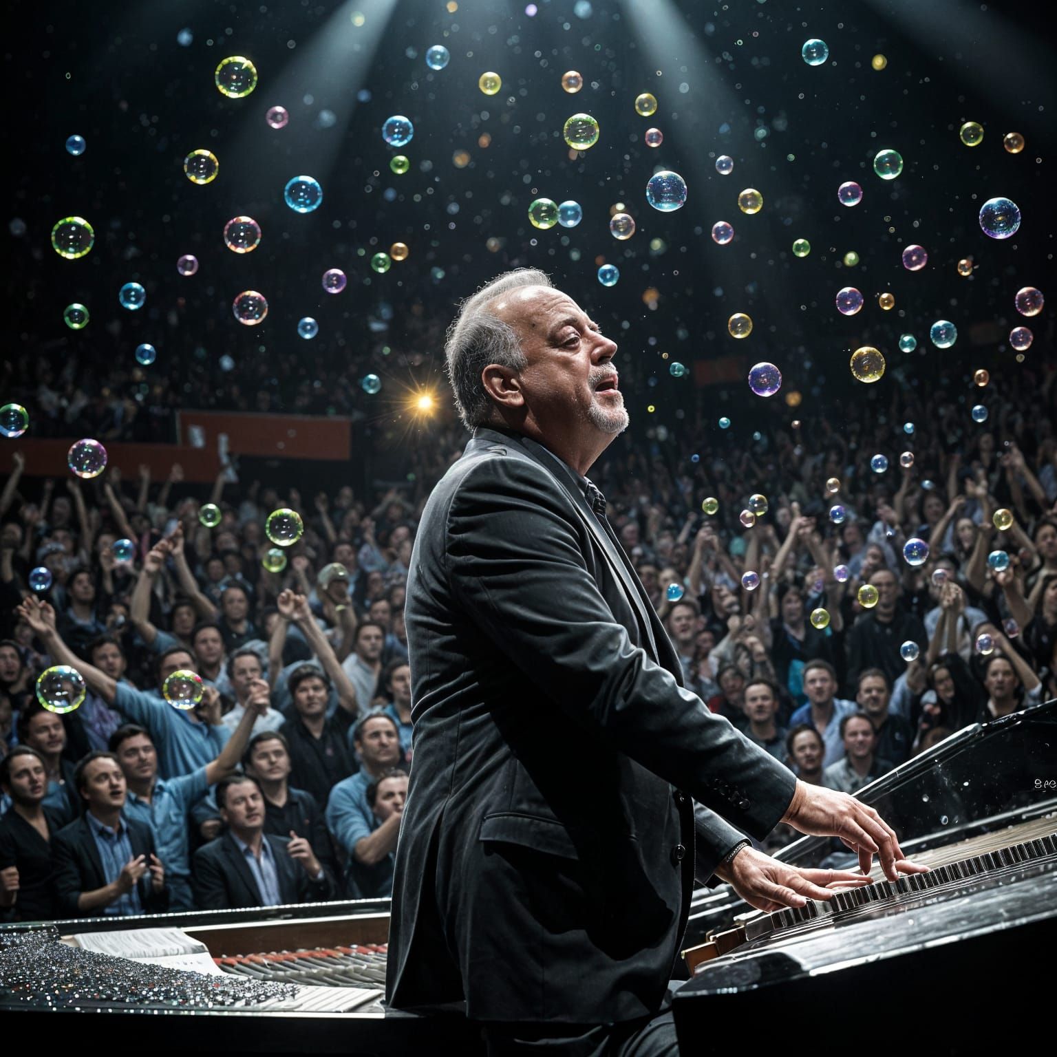 Bubbles Fall as Pianist Plays Onstage: Cinematic Lighting