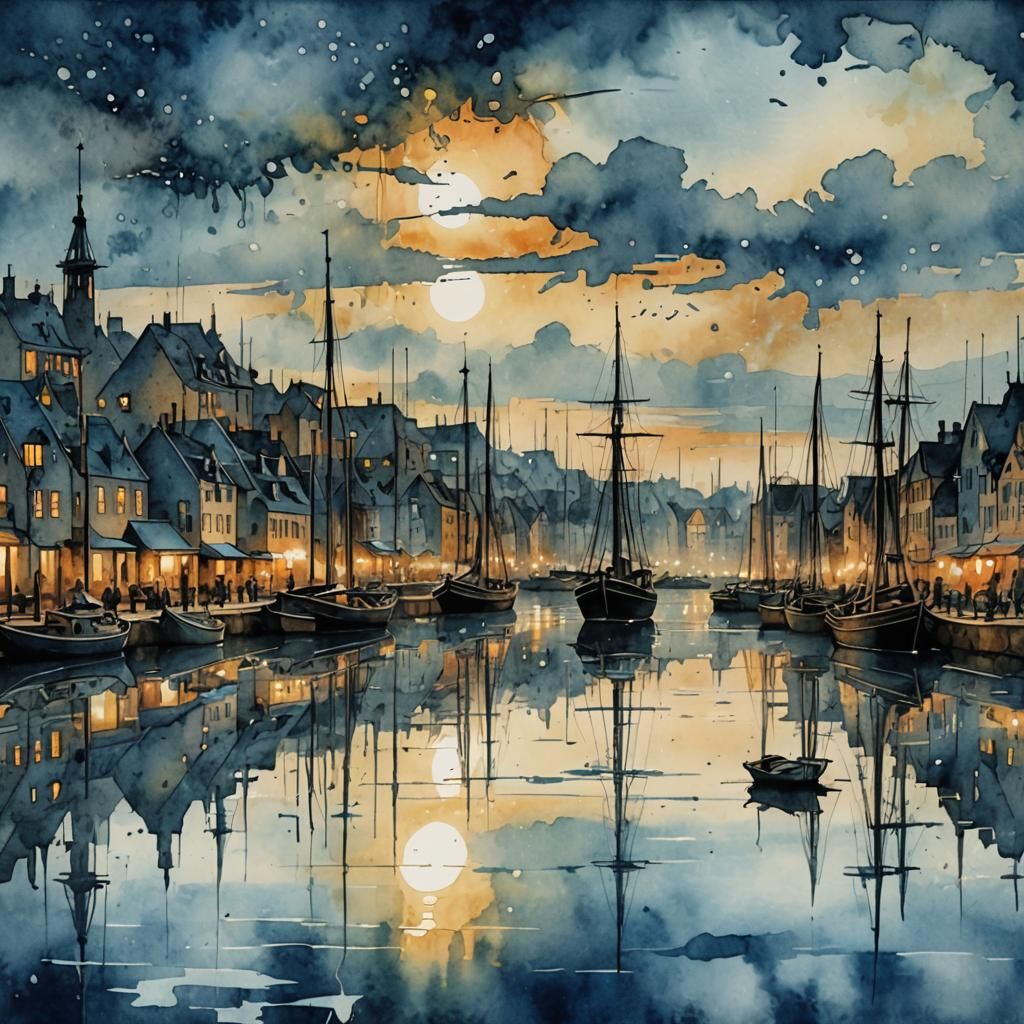 Old Harbor Sunset in Pen, Ink, and Watercolor