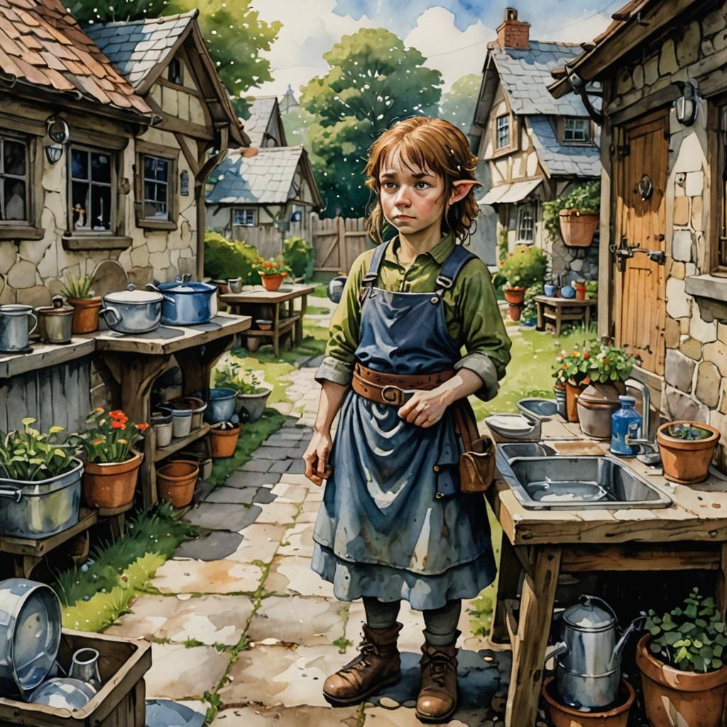 Sad Halfling Dishwasher in Watercolor