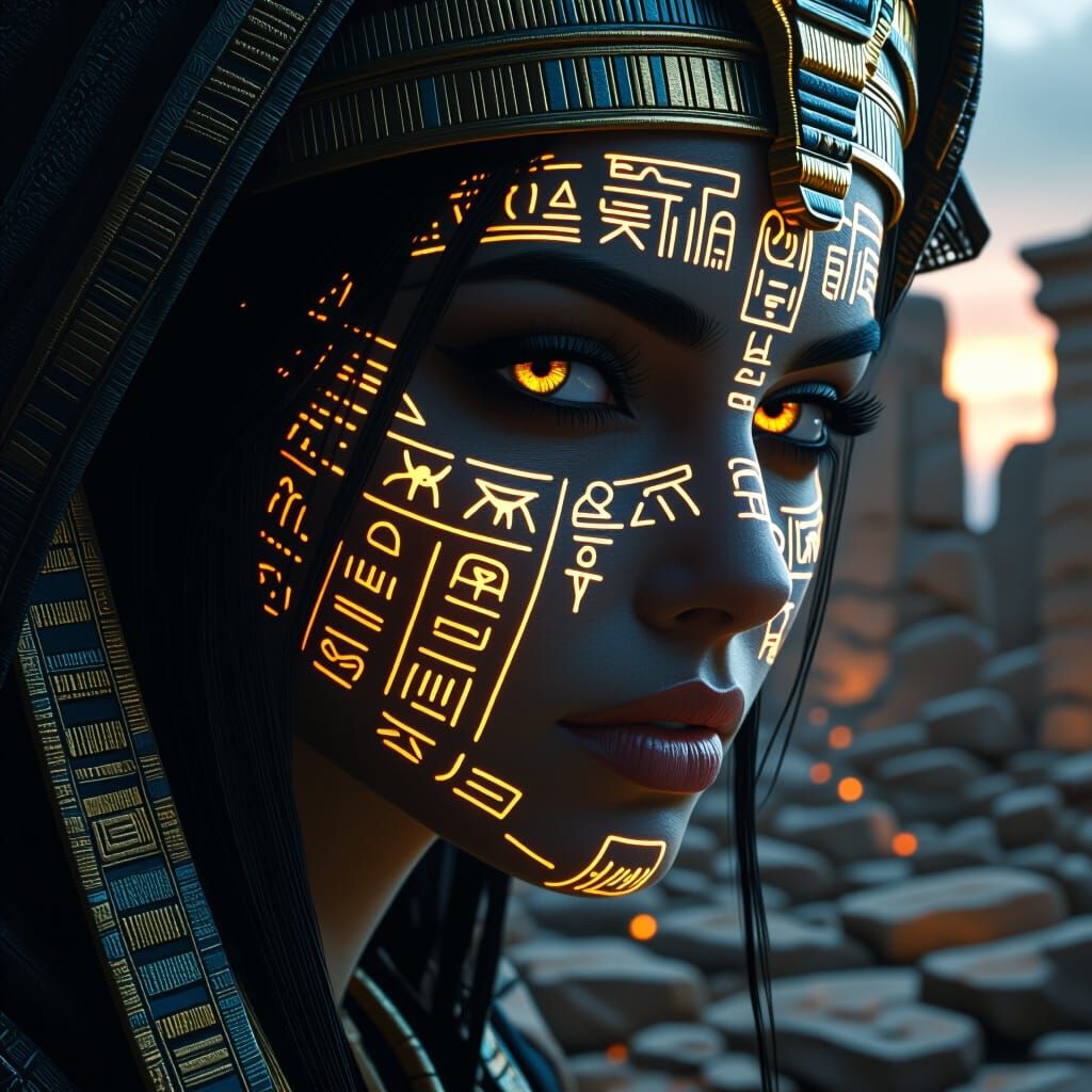 Hieroglyphic Woman in Ruins: Oil Realism Style