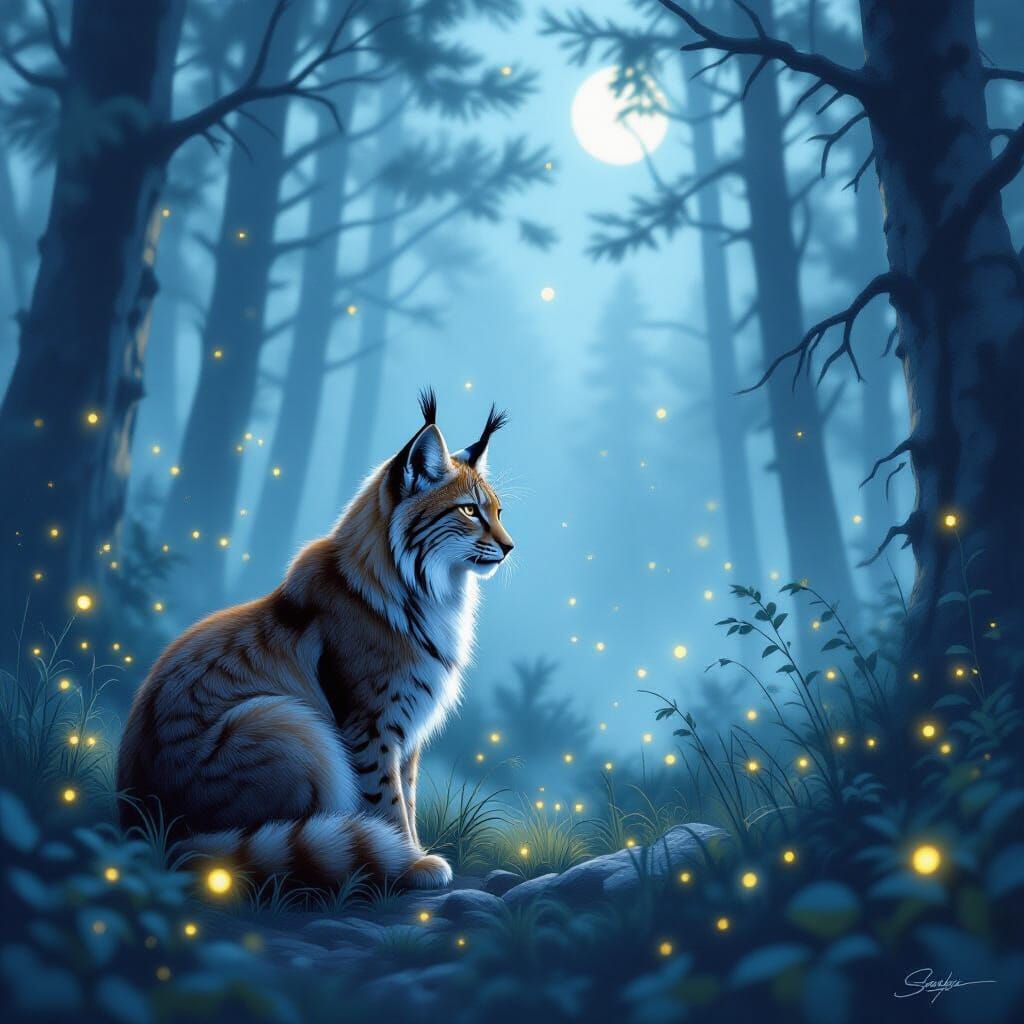 Mystical Lynx in Misty Forest, Ethereal Moonlight