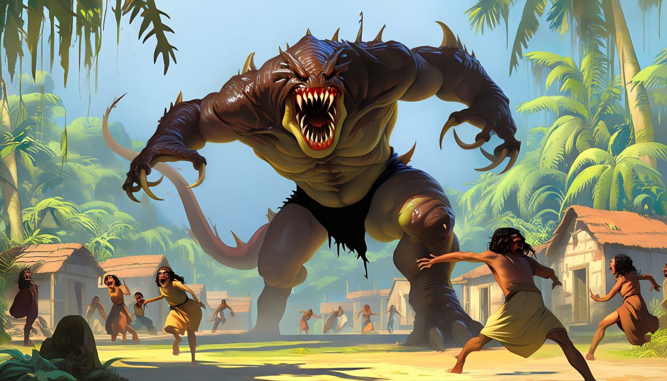 Grotesque Mutant Lizard Attacks Jungle Village