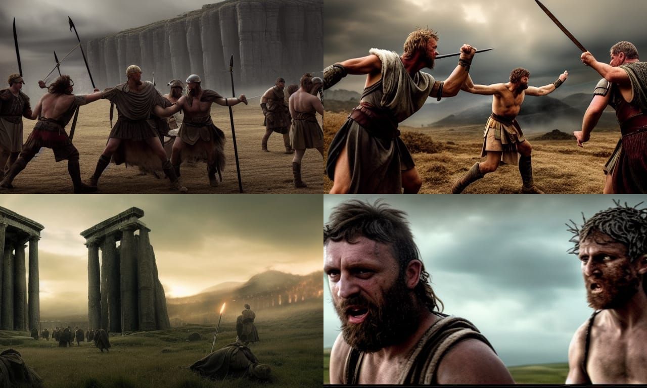 Romans and Celts fighting in a monolithic landscape #film 8K resolution filmic HDR detailed dystopian hyperdetailed meti...