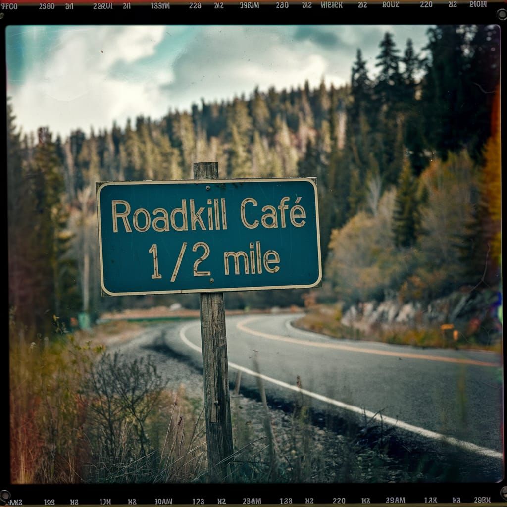 Roadkill Cafe Sign on Winding Road