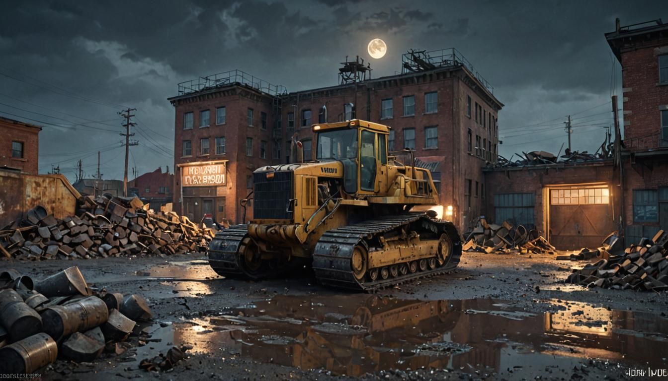 Grimdark Industrial Wasteland Police Station at Night