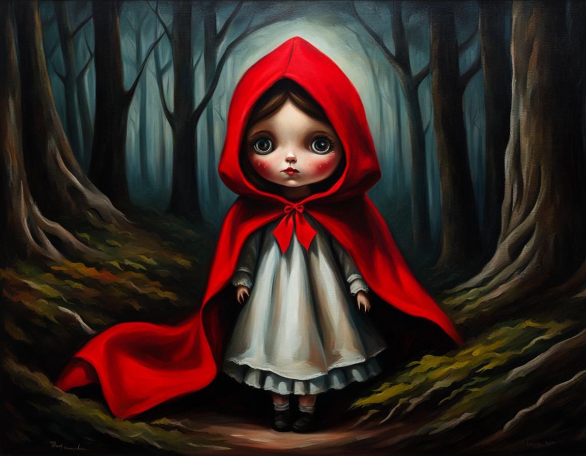 Creepy Felt Doll Red Riding Hood Oil Painting