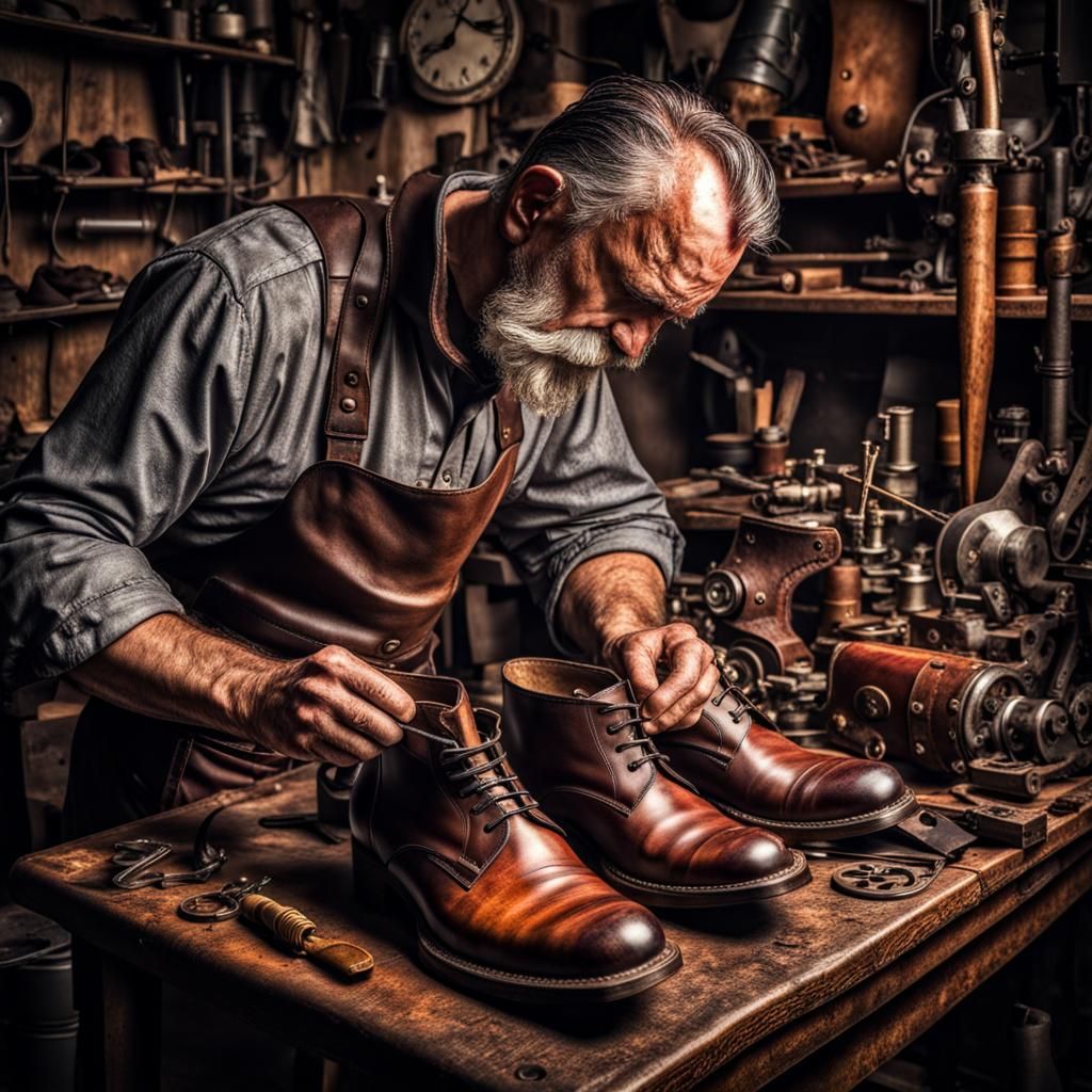 Steampunk Cobbler Crafting Leather Shoes with Details