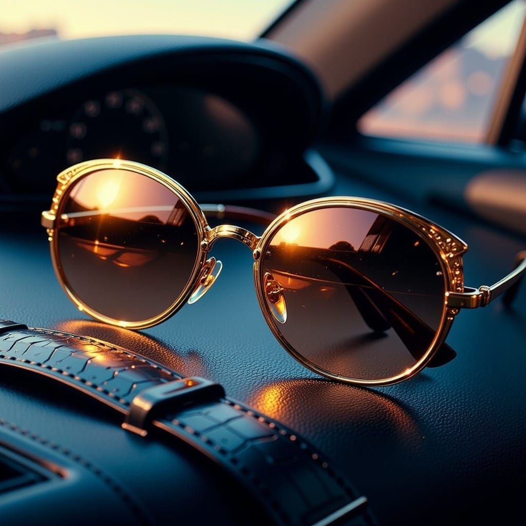 Gold Sunglasses on Luxury Car Dashboard