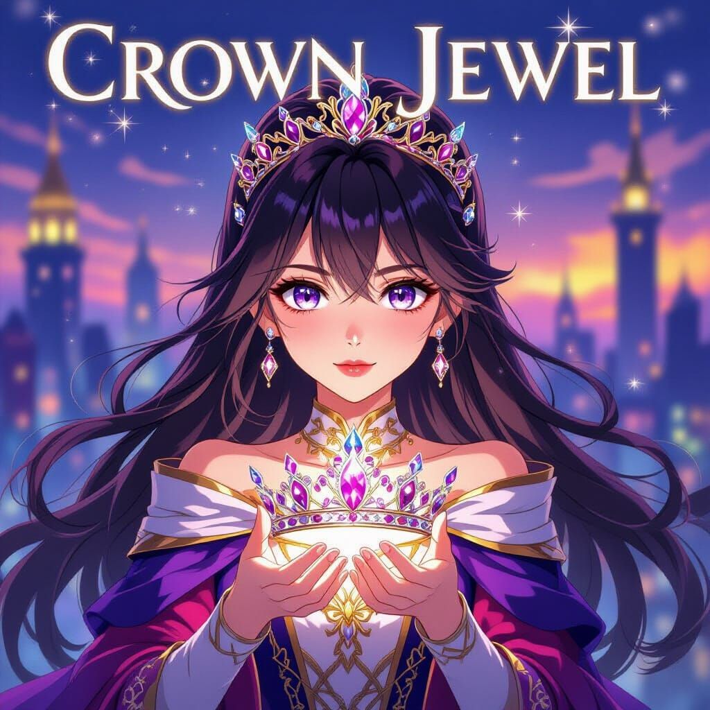 Anime Girl with Crown in Fantasy Cityscape