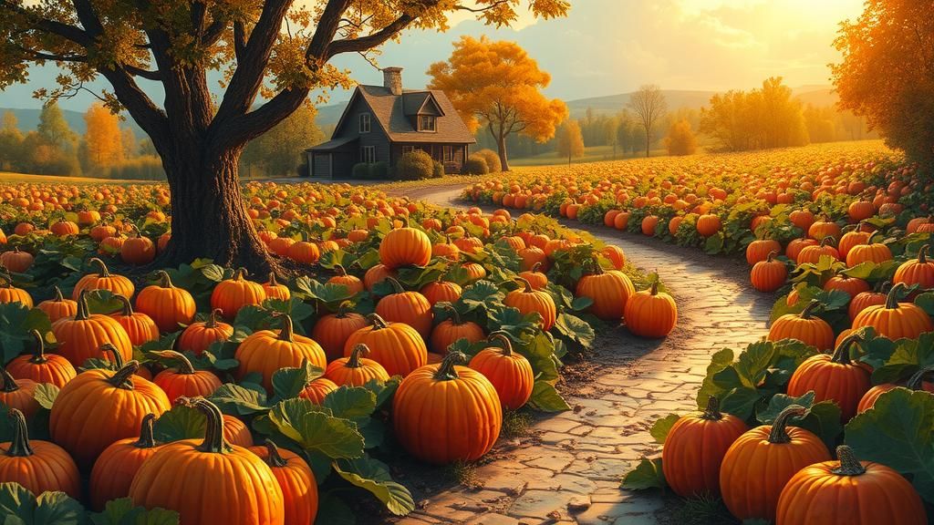 Idyllic Pumpkin Patch Scene in Hudson River School Style