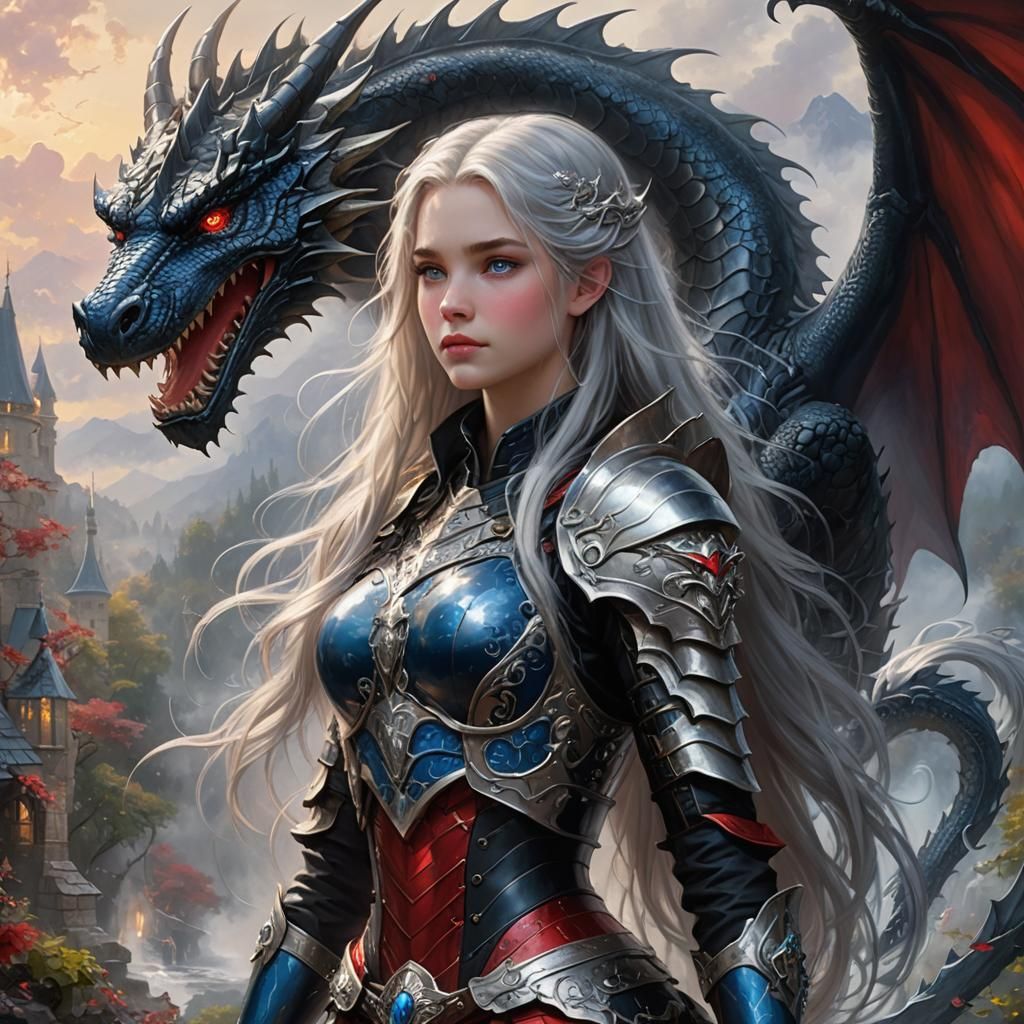 Silver-Haired Woman with Dragon in Fantasy Style