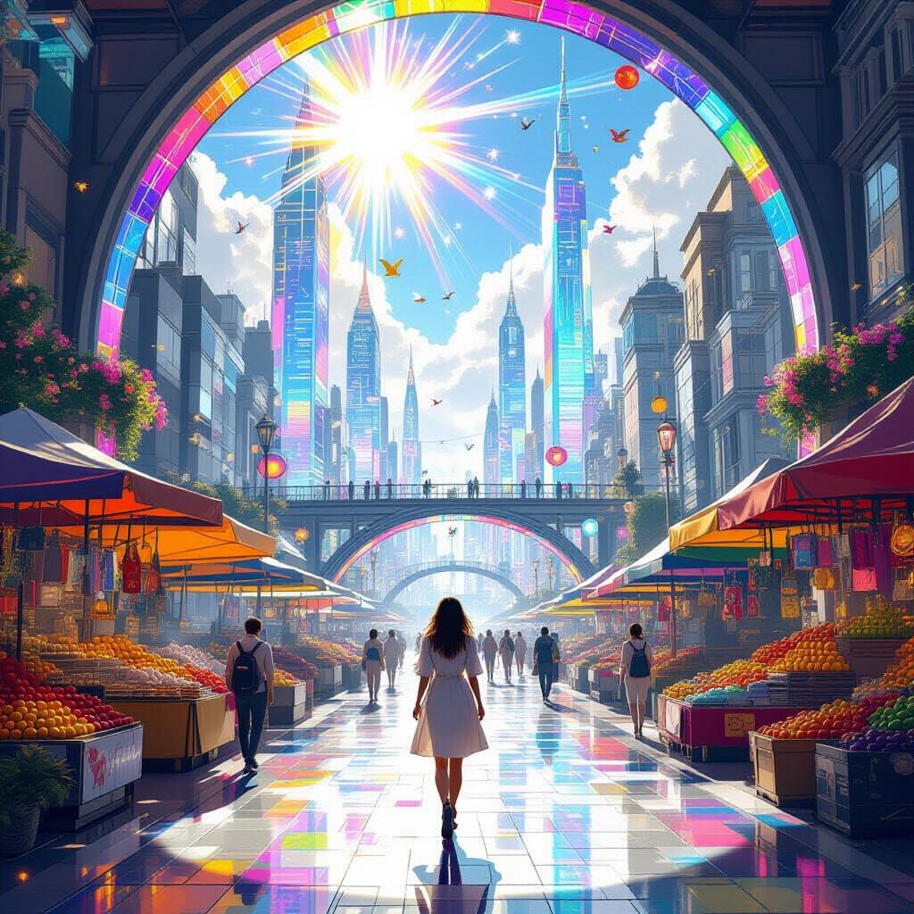 Rainbow Cityscape with Crystal Buildings in Bright Realism