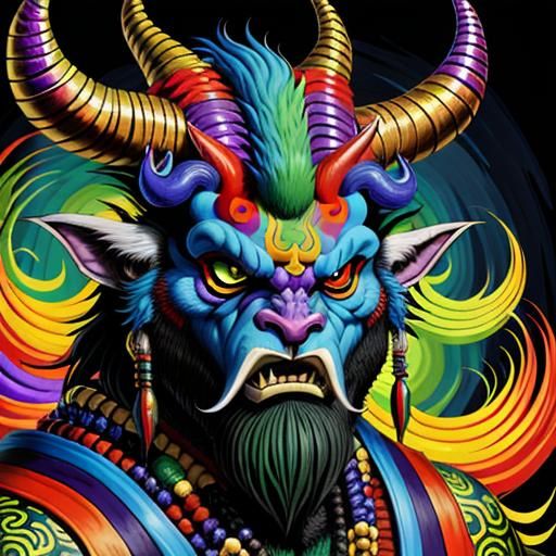 Psychedelic Monster with Horns in Vivid Colors