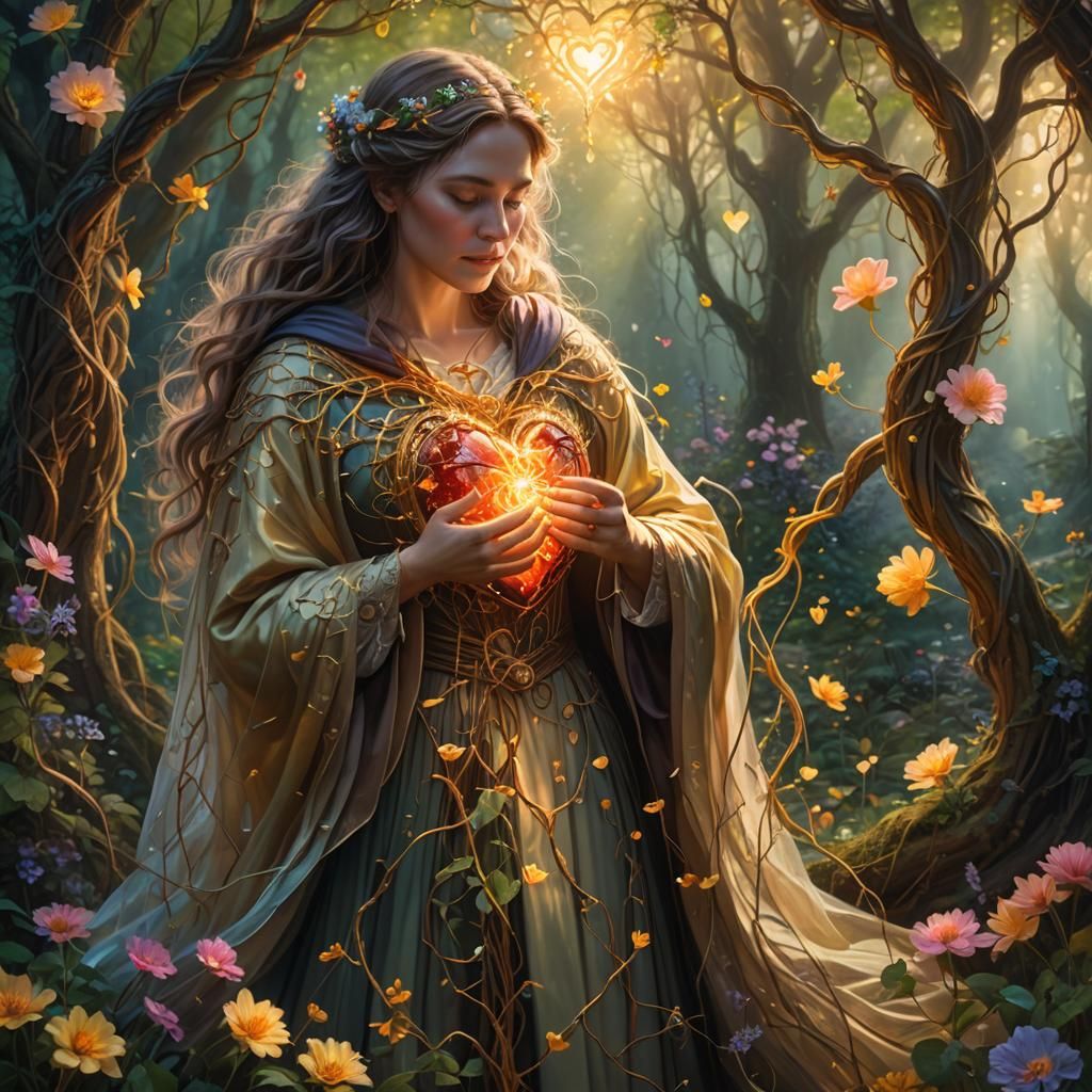 Woman Repairs Glowing Heart in Mystical Forest