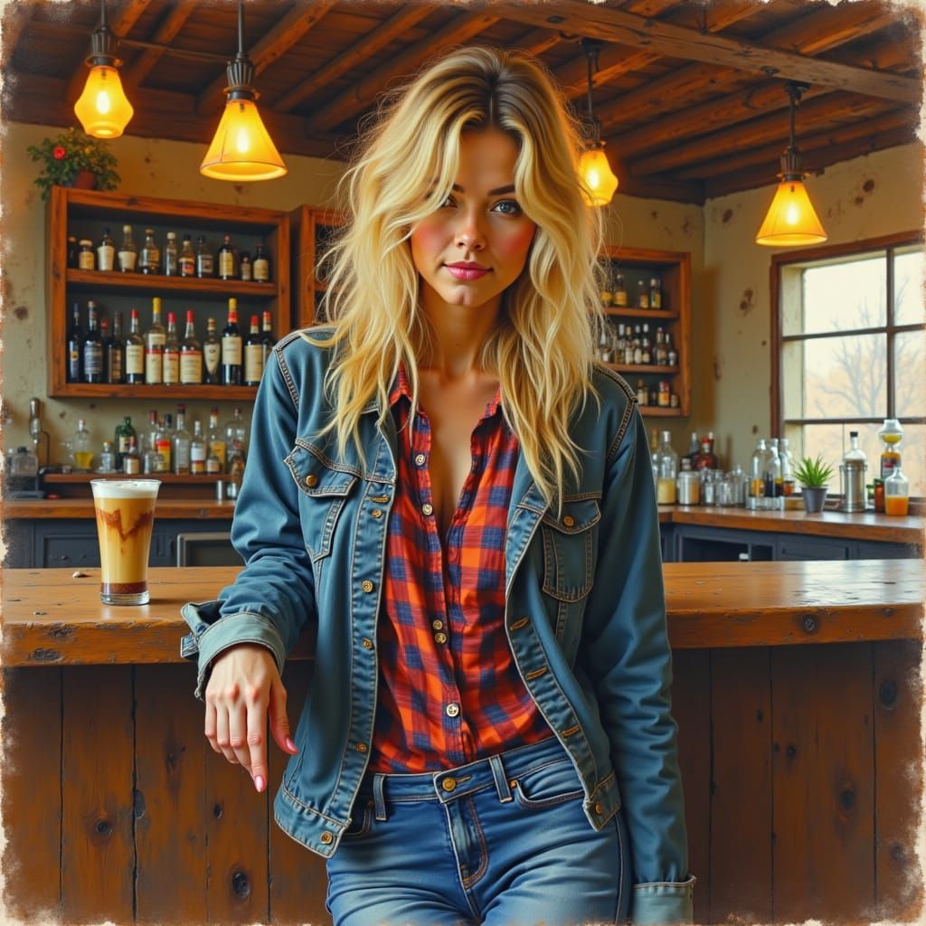 Blonde Woman at Rustic Bar in Expressive Style