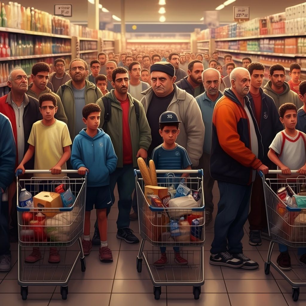 Massive Supermarket Queue in Realistic Digital Art Style