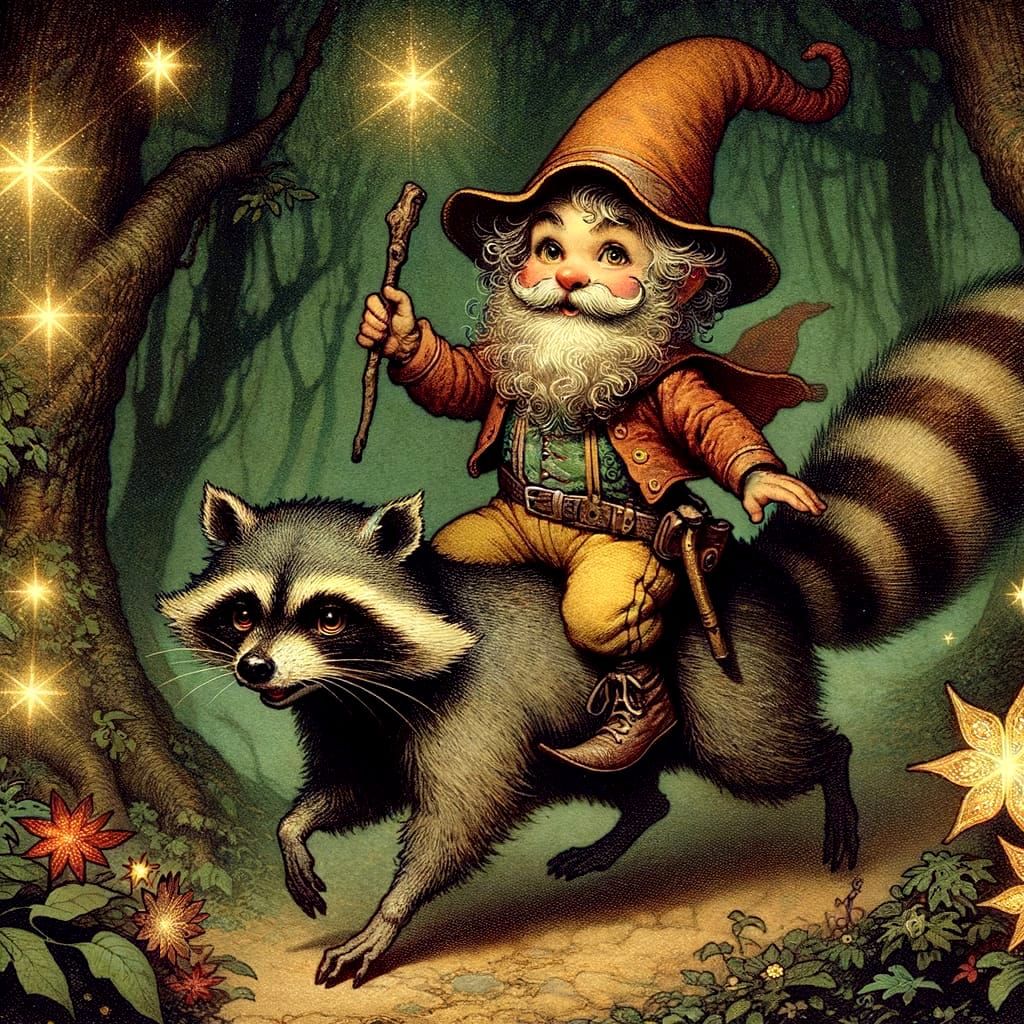 Gnome riding a raccoon