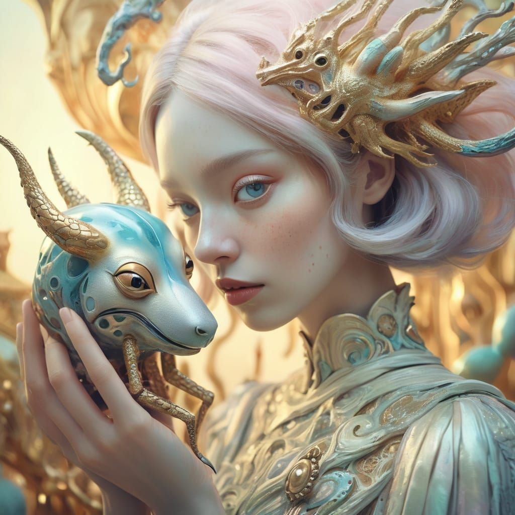 Girl Holding Creature in Pop Surrealism Style