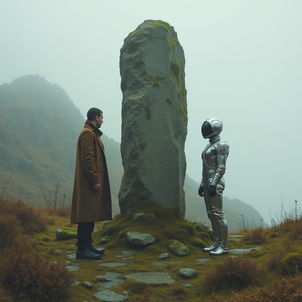 Two time travelers divided by a standing stone
