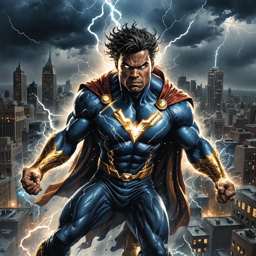 Thunder Man in Stormy Cityscape, Hyperrealistic Comic Art