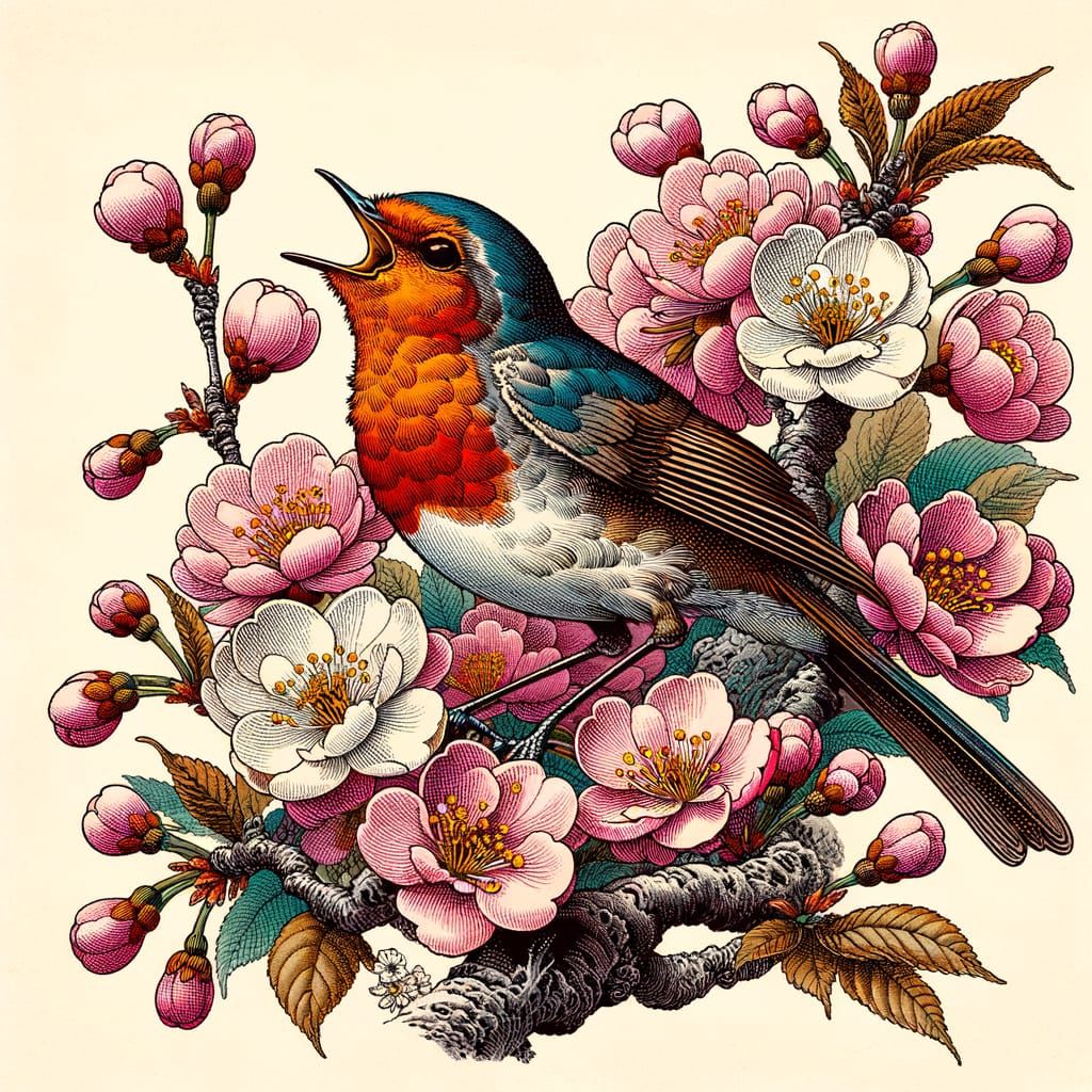 The first robin of spring surrounded by cherry blossoms in Hakone. ukiyo-e.