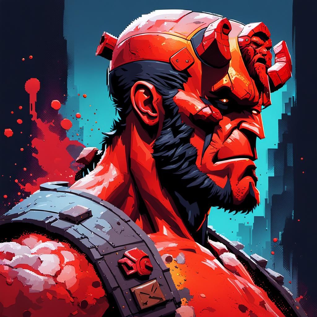 Pixelated Hellboy Video Game Splash Art