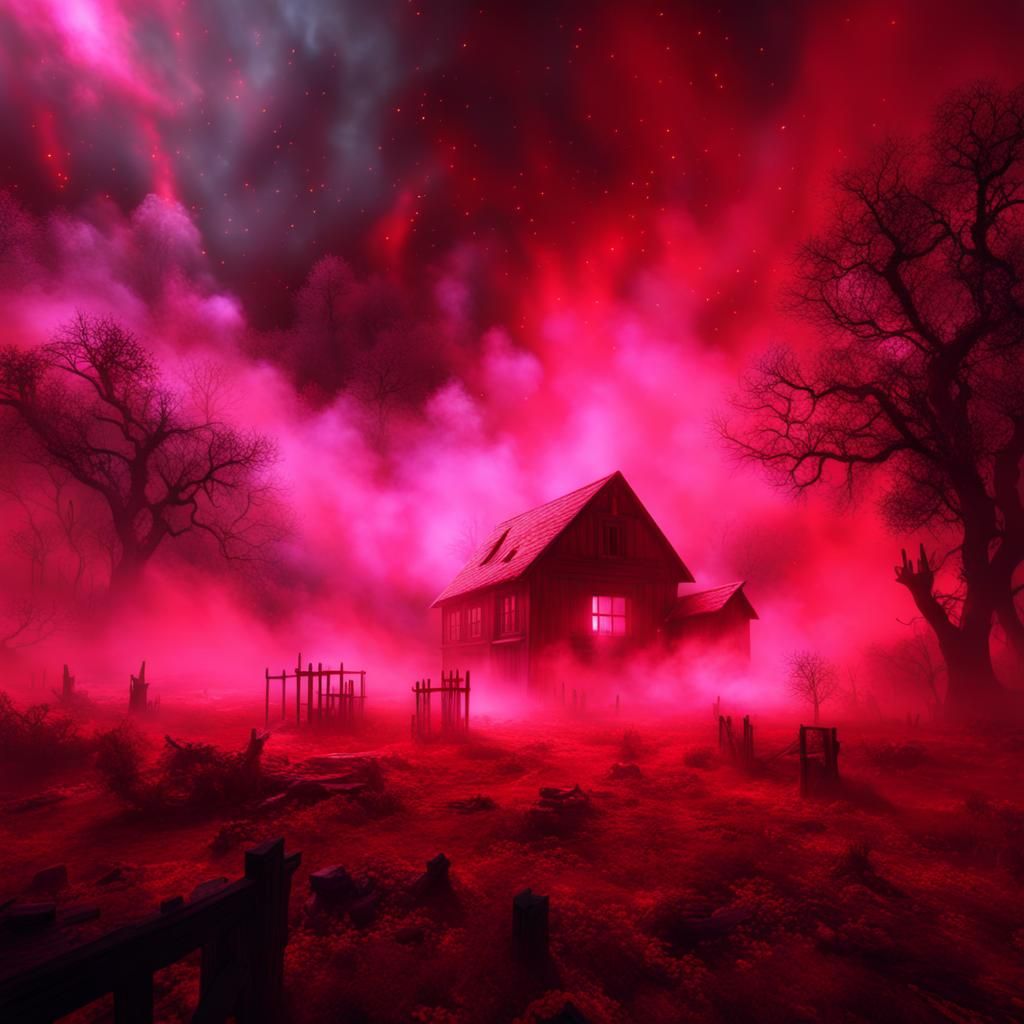 Evil Farm Under Red Sky in Darkcore Aesthetic