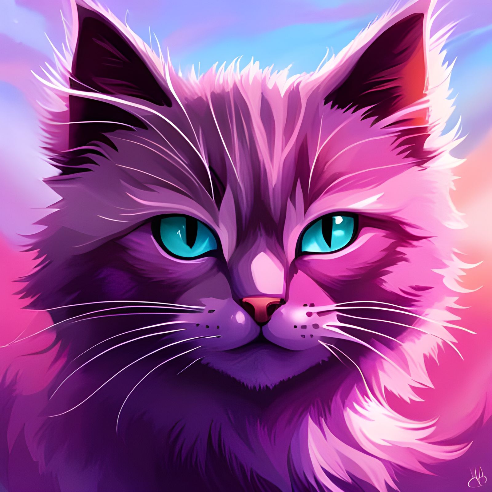 Vibrant Purple Kitten in Fantasy Sky, Digital Art