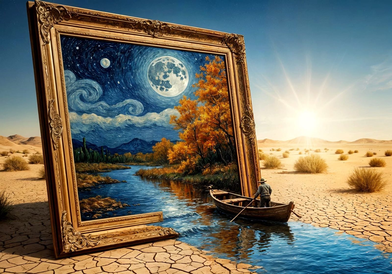 Surreal Autumn River Painting Flows into Desert Landscape