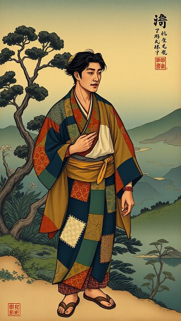 Mendicant Poor Peasant Torn Kimono with Patches Moebius complementary colors tetradic colors deep color art deco Ukiyo-e...