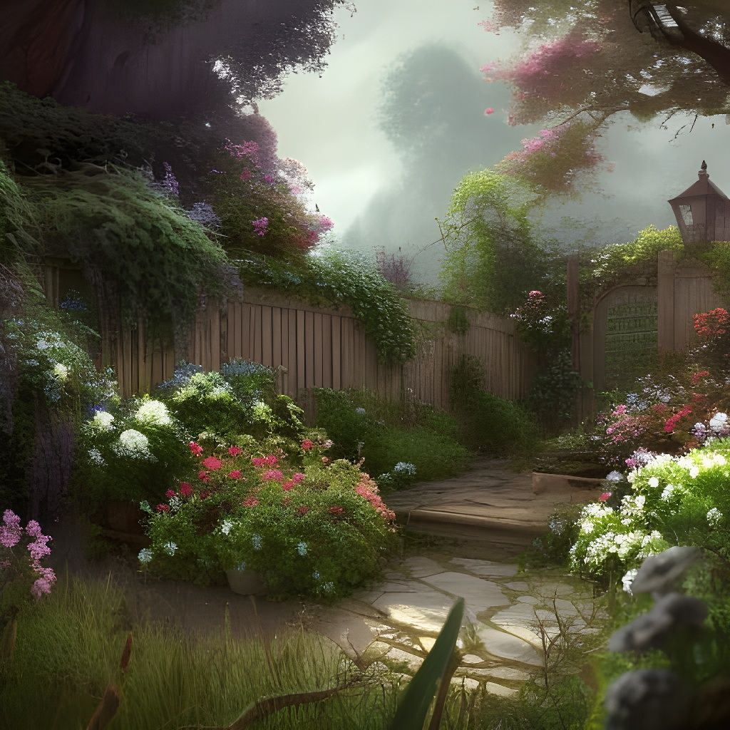 Dreamy Garden with Flowers and Wooden Fence
