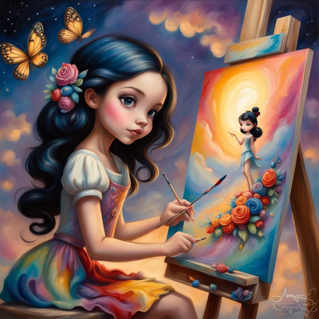 full body image of a Disney Pixar style adorable painter, very colorful painting on the sky, magical, painting coming of...