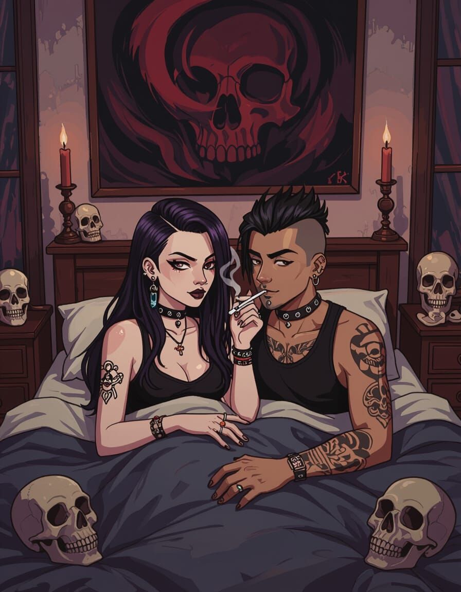 Intimate Punk Couple Surrounded by Skulls, Studio Trigger St...