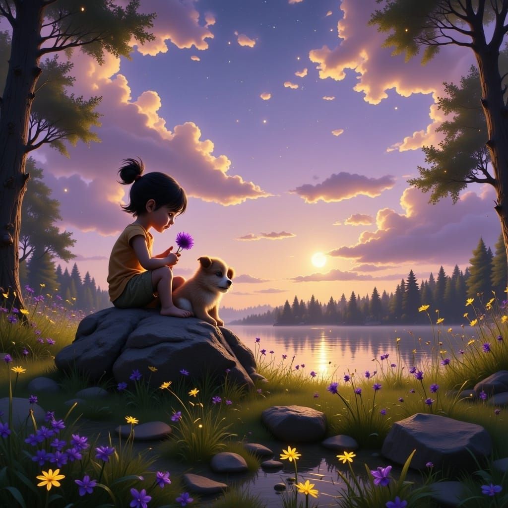 Child and Puppy in Meadow: Dark Fantasy Concept Art