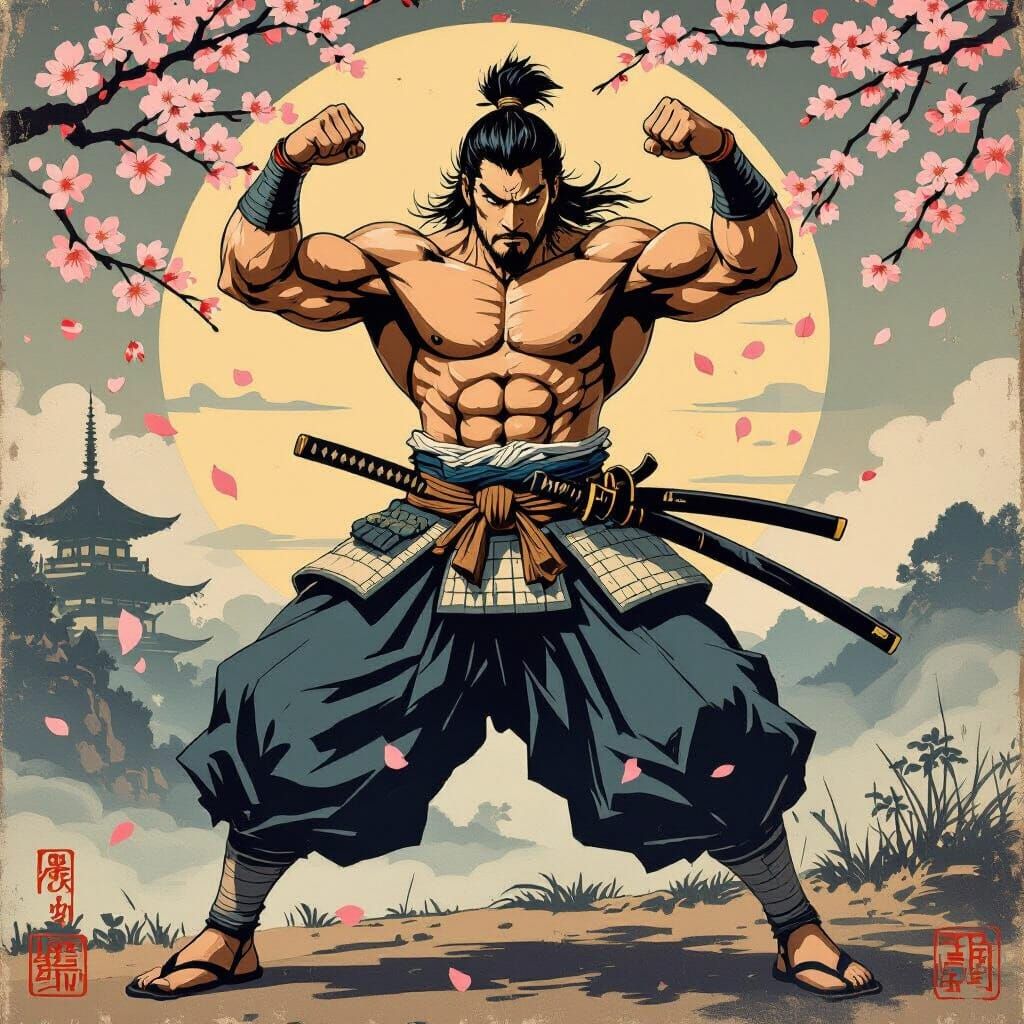 Miyamoto Musashi in Dramatic Ukiyo-e Woodblock Print Style