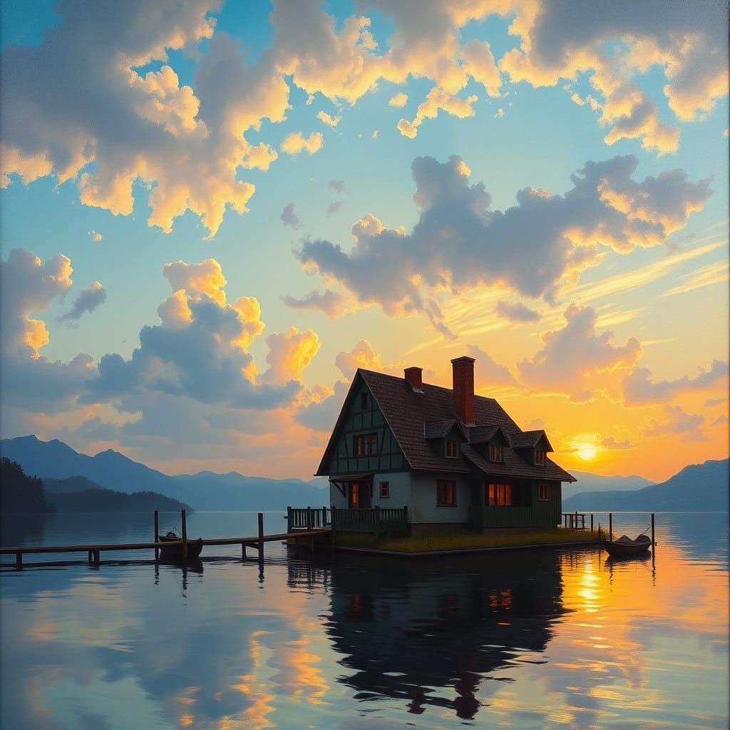 Lake House Sunset Painting in Classic Style