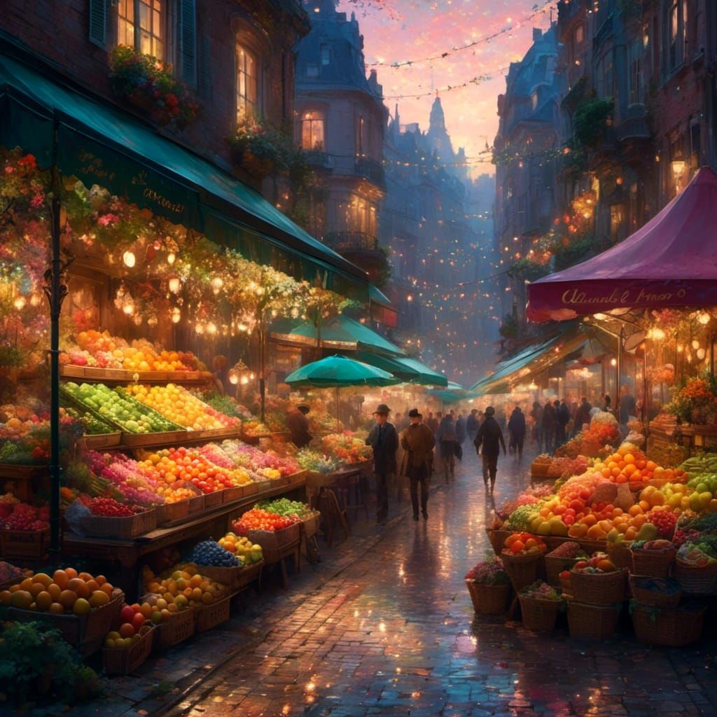 Vibrant Dawn Market in Impressionist Style