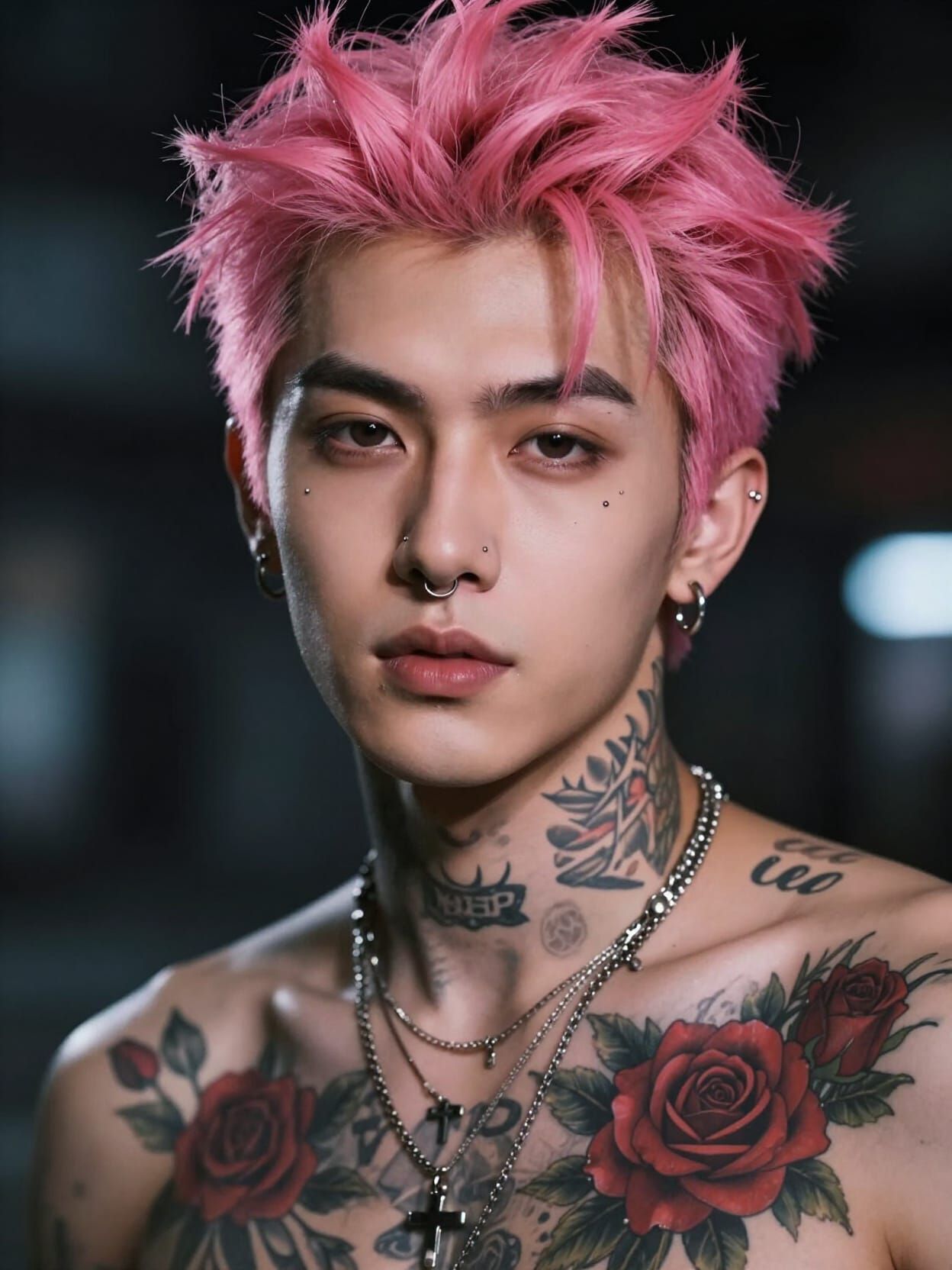 Edgy Young Man with Pink Hair and Tattoos