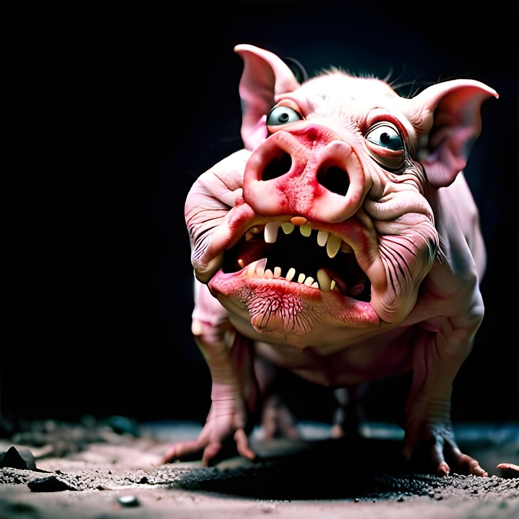 Grotesque Pig in Dark Room: Sinister Horror