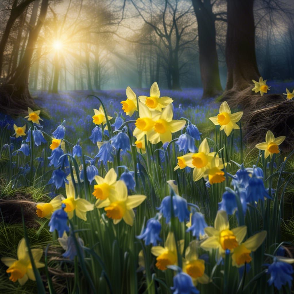 English Spring with Bluebells, Daffodils, Butterflies